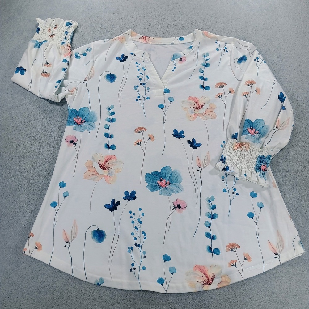 Lomon Women Floral Notch Neck Blouse White Large Smocked Cuffs